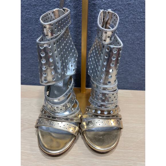 Jimmy Choo Silver Foil Leather Malika Perforated Sandals Size 36.5 - Picture 8 of 17